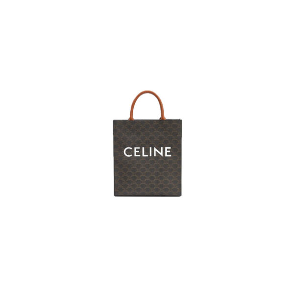 Tan CELINE Vertical Cabas bag in calfskin with logo print and Celine print